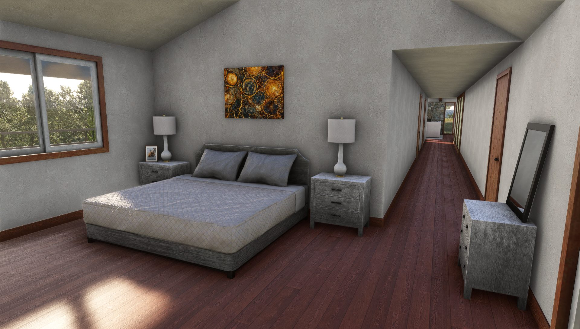 A bed with a nightstand and table lamp on either side inside of a room with white walls and a wood floor