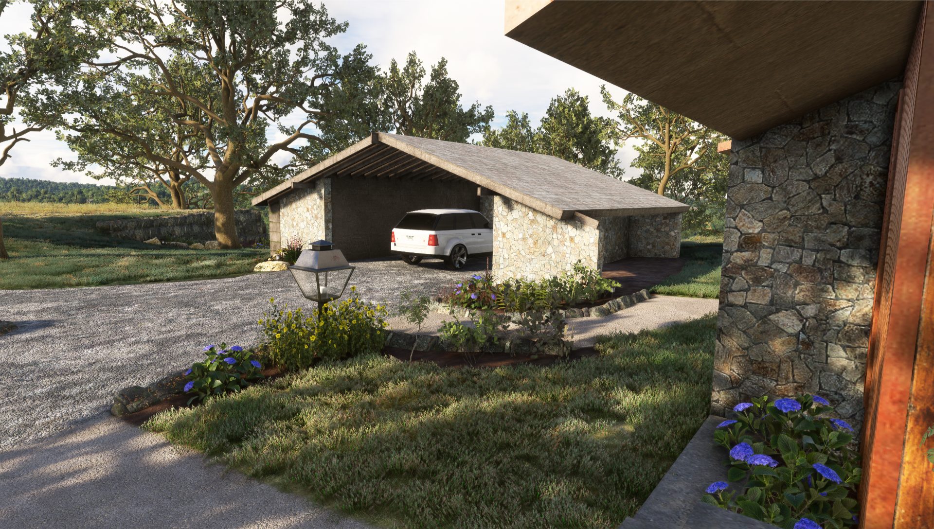 A white SUV parked inside of a stone garage