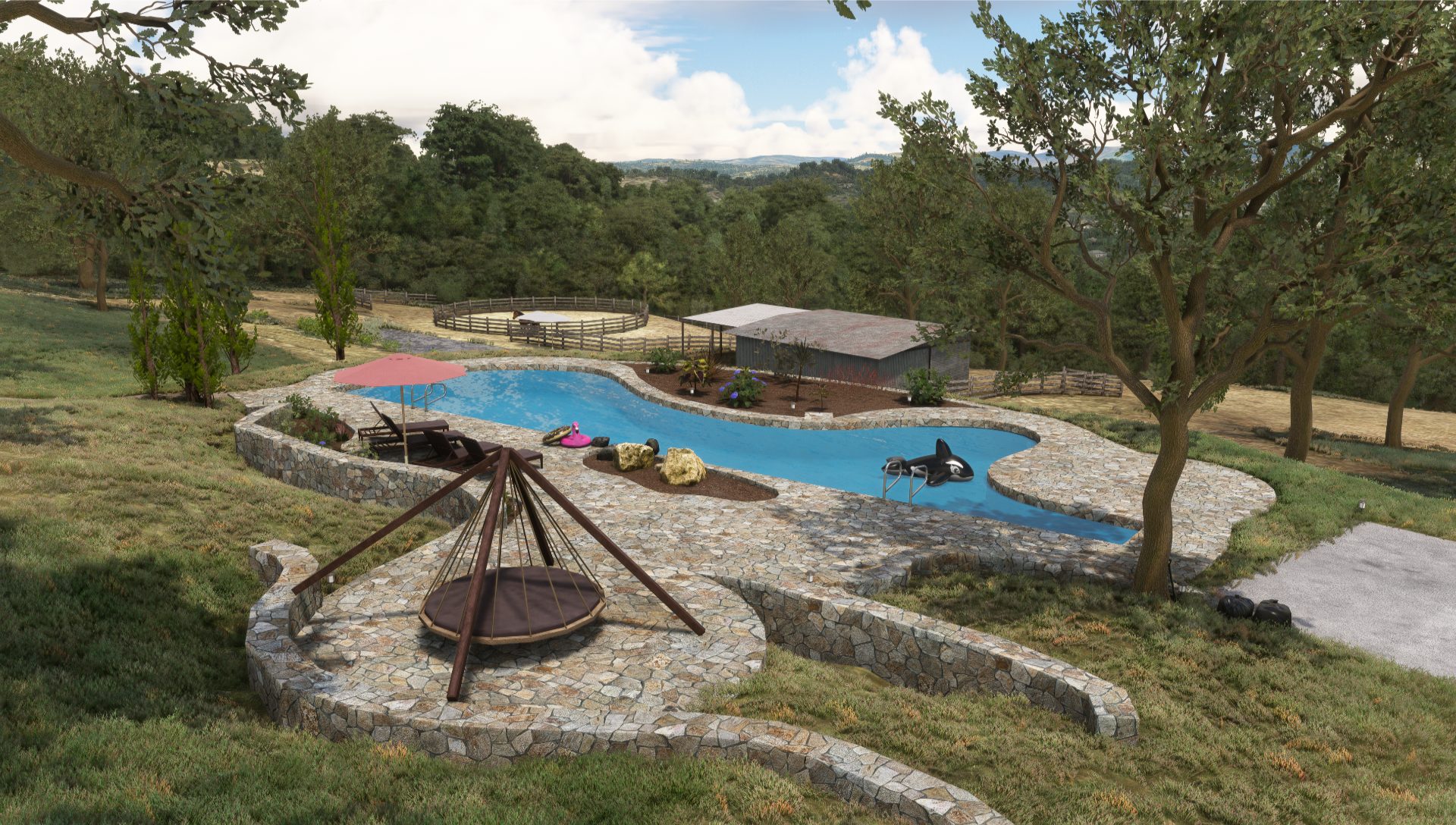 Overlooking the pool and barn at Limberlost Ranch