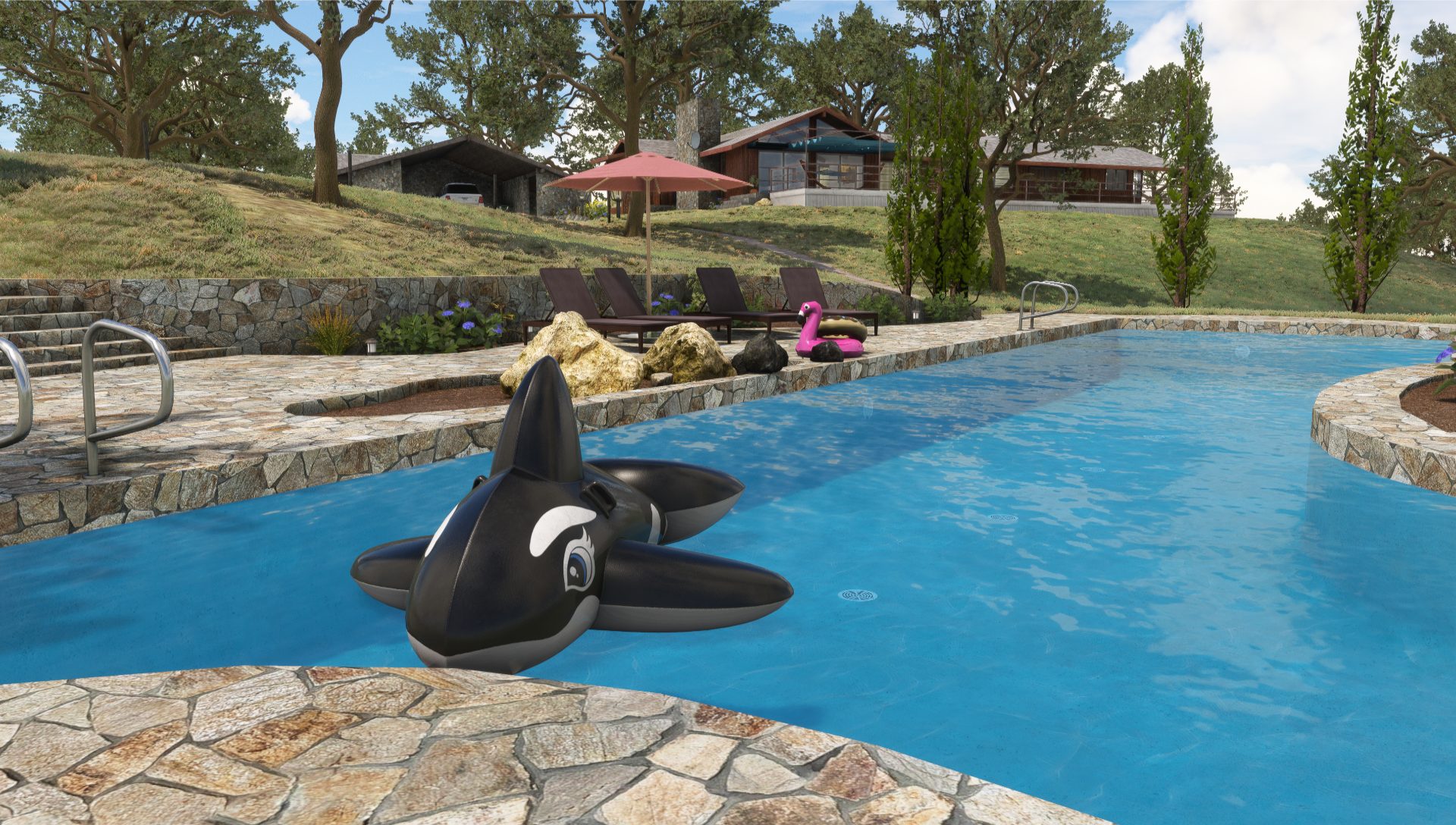 A blue pool with an Orca inflatable floating near the edge