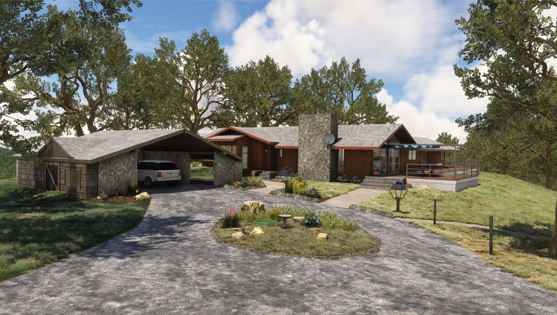 A wood ranch house and stone garage with a white SUV inside