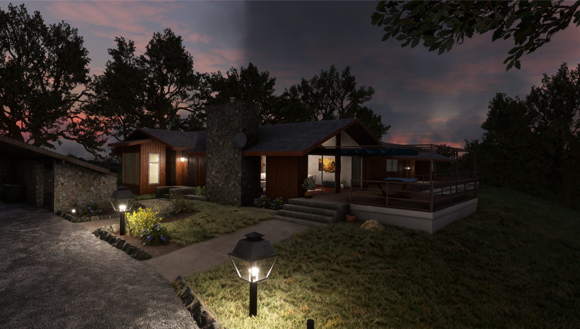 A night shot of a wood ranch house with lights illuminating the inside and two large garden lights in the foreground