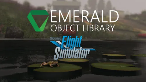 Emerald Object Library logo overlaid on a overcast misty background with a frog sitting on a lily pad
