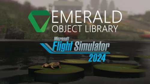 Emerald Object Library logo overlaid on a overcast misty background with a frog sitting on a lily pad