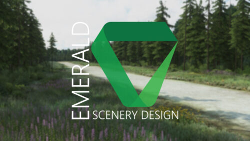 Emerald Scenery Design logo with a gravel runway and trees in the background